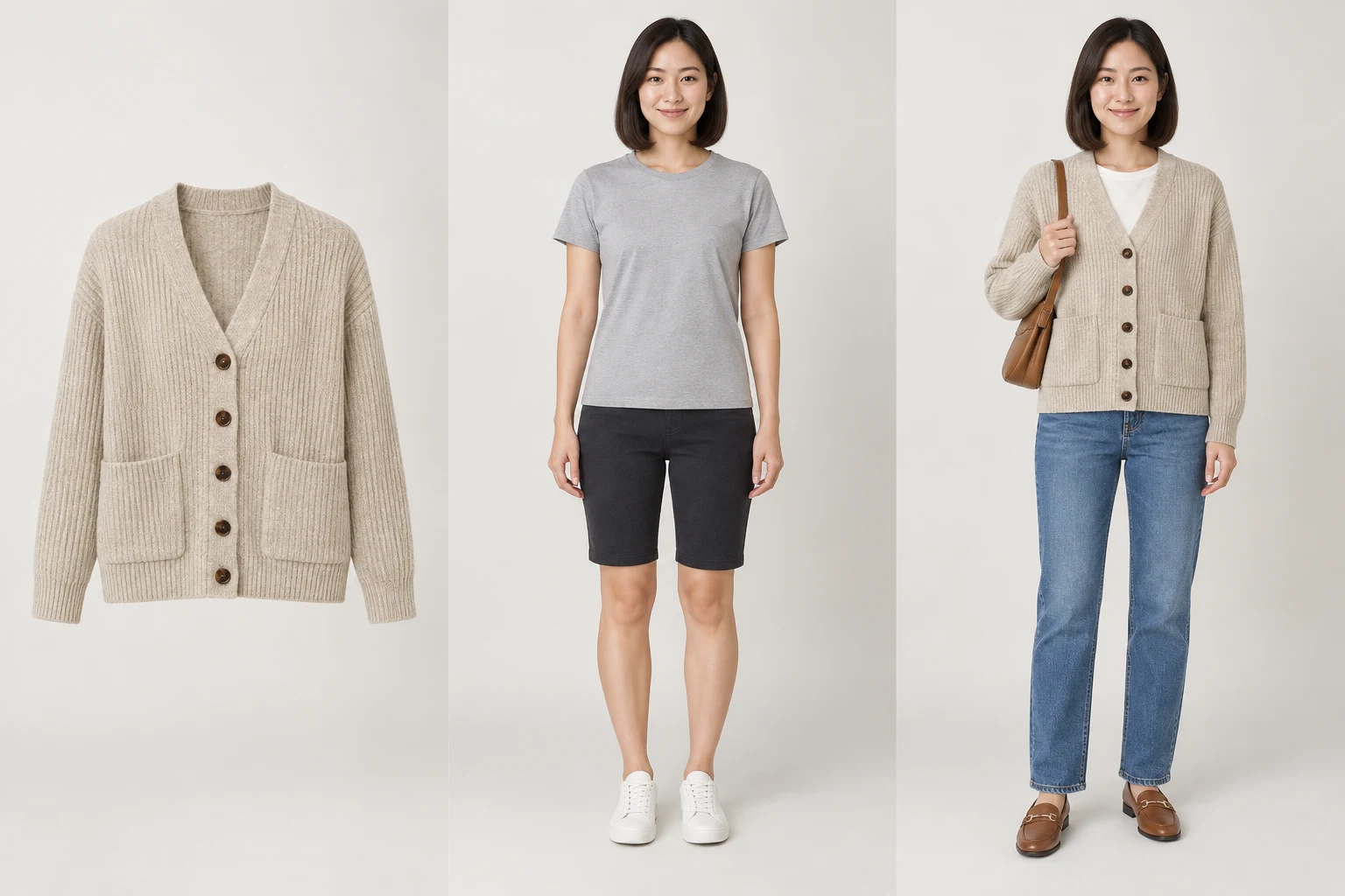 Oatmeal cardigan, model in basics, and the same model styled in that exact garment