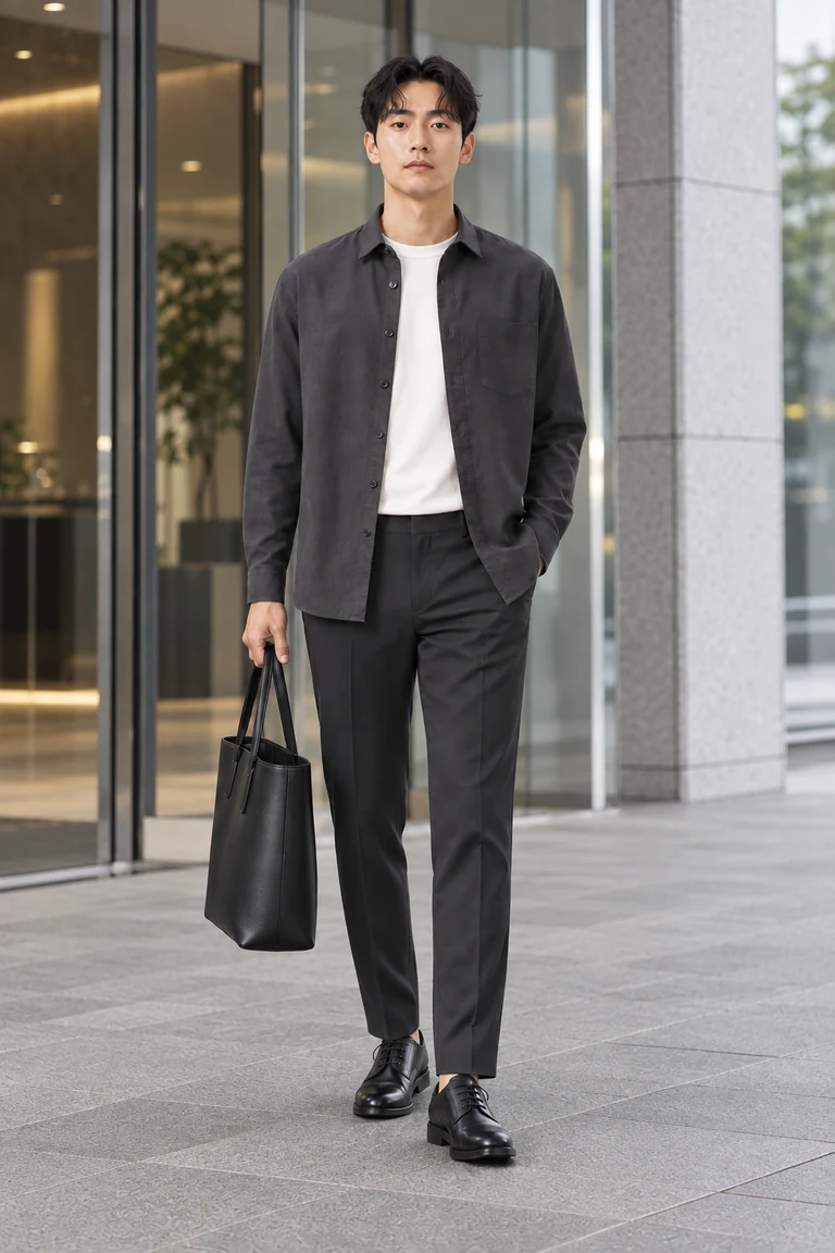 Work outfit featuring the same charcoal shirt